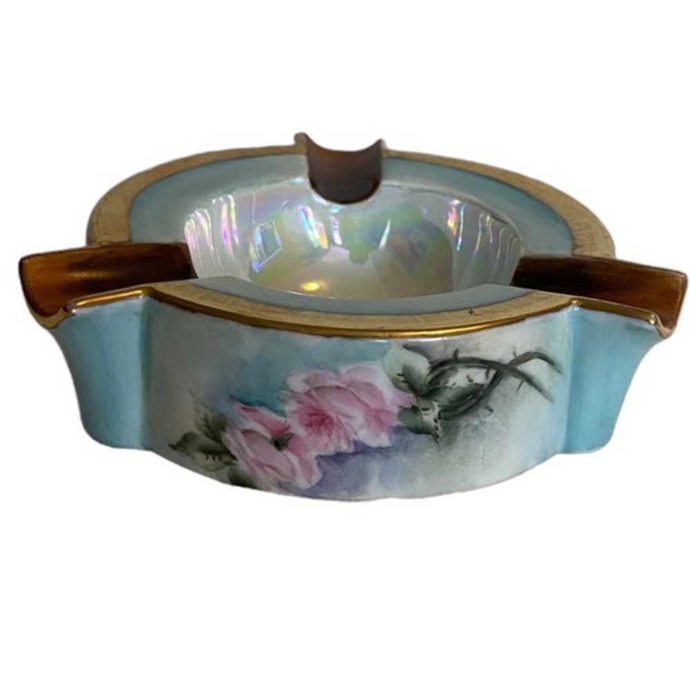 Vintage opalescent ceramic ashtray pastel pink roses gold trim mark RS Germany